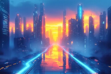 Fototapeta premium Futuristic city skyline at sunset with glowing pathways