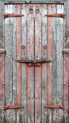 A weathered wooden door with red accents, featuring hinges and a sturdy lock, showcasing rustic charm and age.