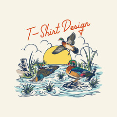 t-shirt design illustration of American wood ducks gathering in the afternoon, retro vintage style