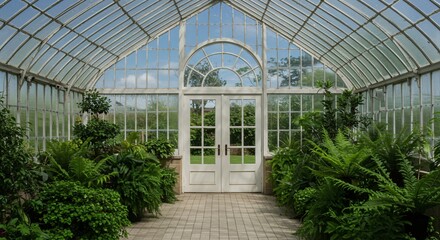 Fototapeta premium A serene greenhouse with lush green plants, arched glass walls, and bright natural light streaming through the structure.