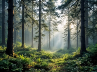 Mysterious Fog Enveloping a Coniferous Forest