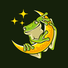illustration of a green frog perched on the moon