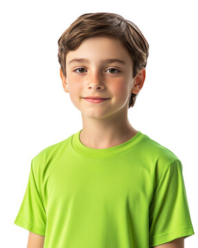 Cheerful Young Boy in Green Shirt Smiling Happily in Studio Environment