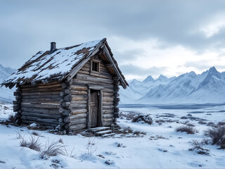 Rustic Wooden Cabin in a Snowy Landscape