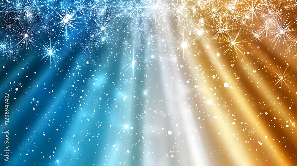 Poster radiant beams of light cascade in blue, white, and gold, creating a magical and enchanting atmospher