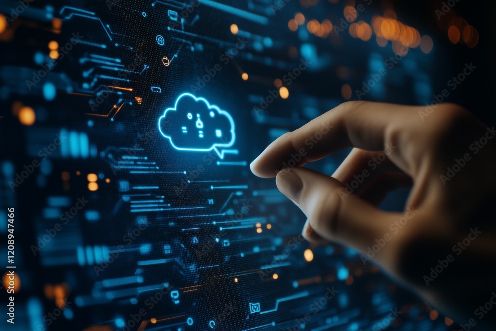 Poster touching the future: digital screen icons representing technology, cloud, and security