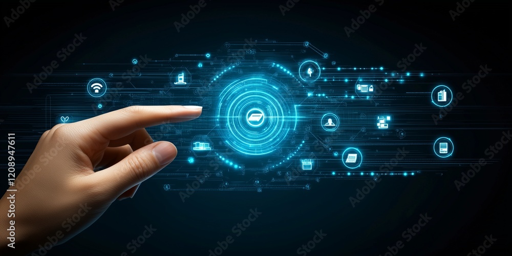 Poster connecting digitally: hand interacting with tech icons for cloud and online security