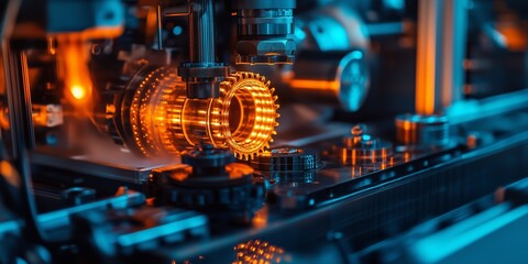 Obraz premium Precision Engineering: Close-Up of Intricate Industrial Machine with Blue and Orange Lighting
