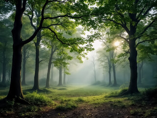 Obraz premium Sunbeams Piercing a Misty Forest Canopy