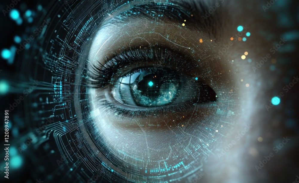 Poster futuristic earth communication network with cybernetic eye and neon circuit patterns