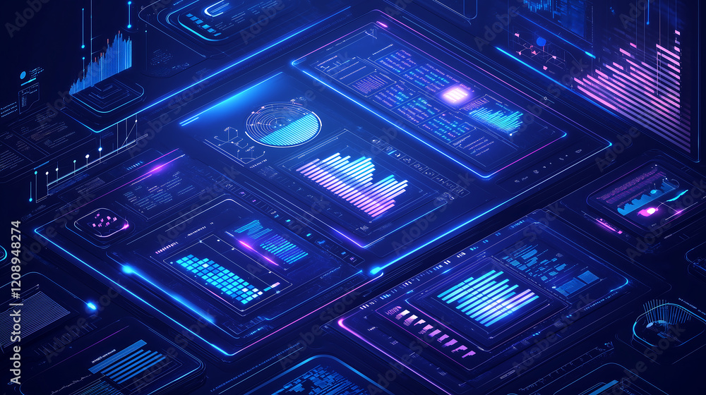 Poster futuristic data visualization neon blue interfaces digital charts graphs