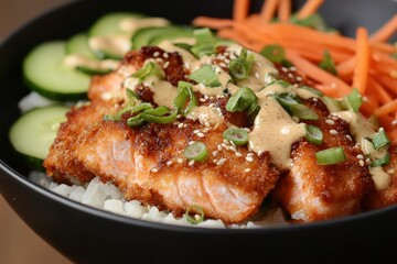 Crispy Salmon Poke Bowl with Sesame Seeds and Spicy Mayo