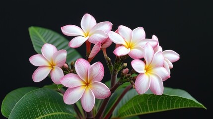 Fototapeta premium Exquisite Pink and White Plumeria Flowers Blooming Close up Tropical Plant Floral Detail