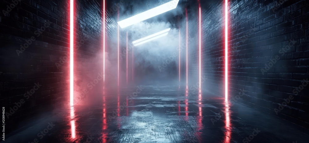 Aufkleber futuristic neon corridor with light beams fog and shadows in cyberpunk style 3d rendering