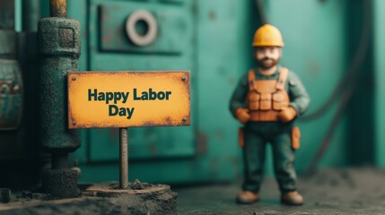 Fototapeta premium Miniature Worker Figurine Celebrating Labor Day with Colorful Signboard