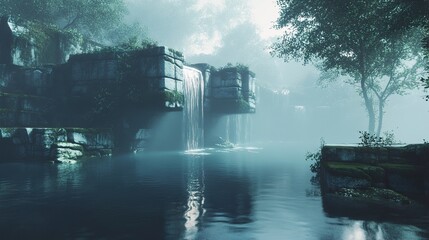 Fototapeta premium Enigmatic Waterfall in a Misty Forest: A Serene Landscape