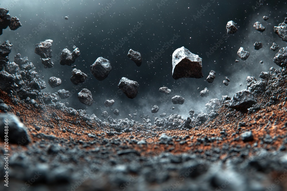 Poster asteroid field with floating rocks in cosmic landscape