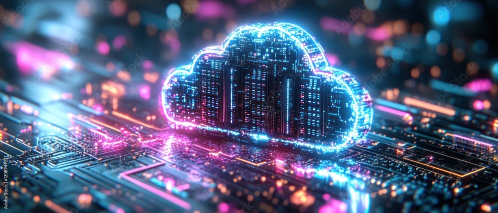 Poster futuristic cloud computing concept with neon circuit background