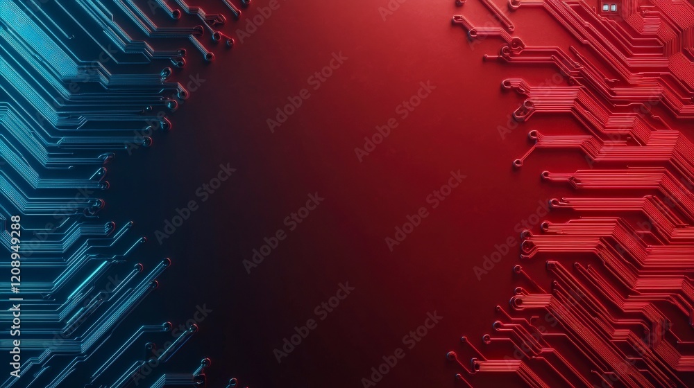Poster futuristic technology background with circuit patterns in blue and red colors