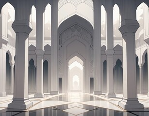 Fototapeta premium 3D Concept of a white mosque with intricate white domes and towers surrounded by a white environment. The concept for Eid Mubarak, Ramadhan, Moslem holiday