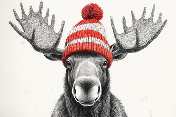 Christmas Moose Drawing with Red and White Striped Hat Fun Winter Character Humor