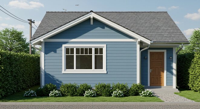 A small blue house with a wooden door, white window frames, a shingled roof, and a garden bordered by hedges and flowers under a bright sky.
