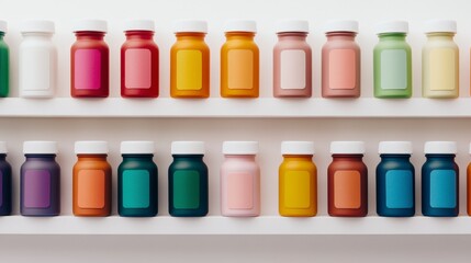Colorful Bottles of Paint Displayed on a Shelf in a Creative Studio Environment