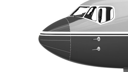A high-resolution close-up of an airplane's nose, emphasizing its aerodynamic design, cockpit windows, and nosecone, isolated on a bright white background