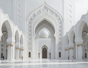 Fototapeta premium 3D Concept of a white mosque with intricate white domes and towers surrounded by a white environment. The concept for Eid Mubarak, Ramadhan, Moslem holiday