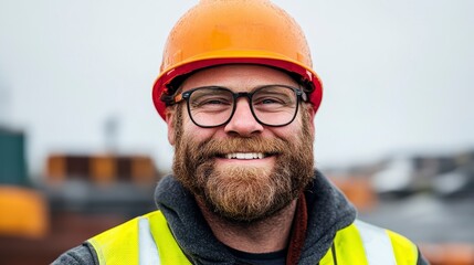 Smiling construction worker in safety gear with orange helmet and glasses outdoors