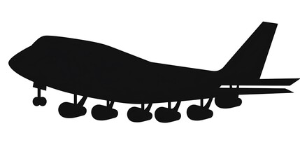 A sharp and minimalistic airplane silhouette in flight, with clean lines and sharp edges, isolated on a bright white background