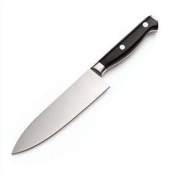 Stainless steel chef's knife with black handle for culinary use and professional kitchenware design
