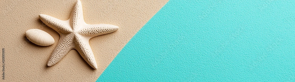 Wall mural a starfish and a small stone resting on sandy beach with turquoise water in the background, evoking 