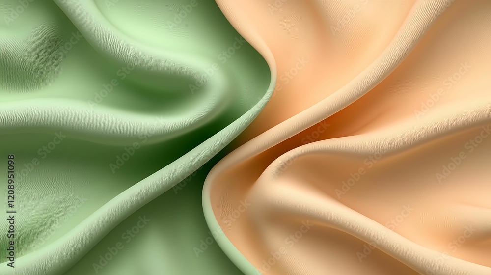 Poster soft, flowing fabric in green and peach colors, elegantly draped and intertwined, showcasing texture