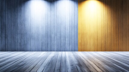 Dramatic stage lighting illuminates cool blue and warm gold wood panels creating a striking contrast. AI Generated