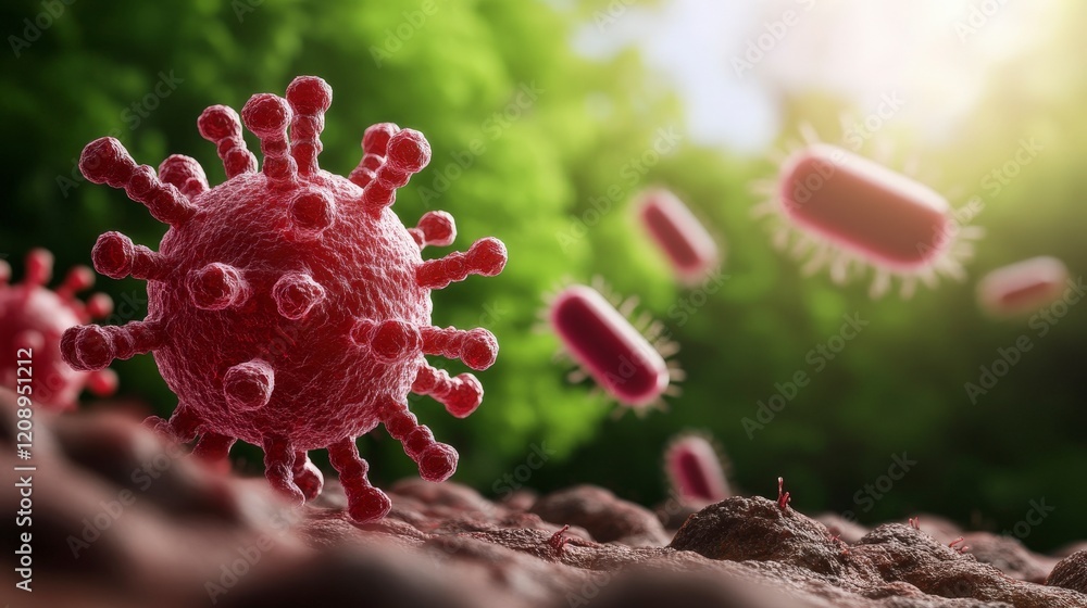 Poster detailed visualization of virus structure with microscopic elements in nature