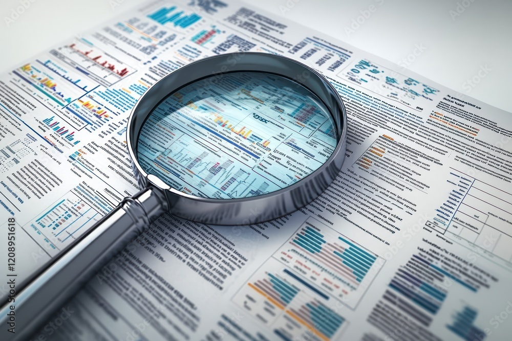 Poster magnifying glass over data analysis report with charts