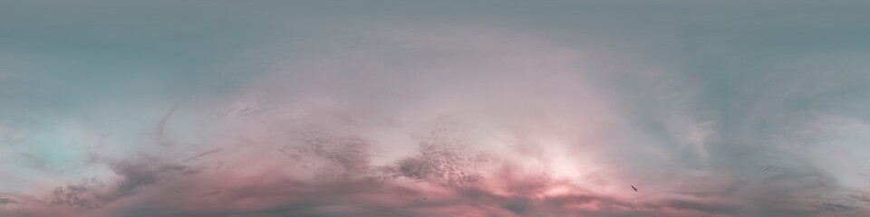 Sunset sky with bright glowing pink Cumulus clouds. Seamless spherical HDR 360 panorama. Full zenith or sky dome in 3D, sky replacement for aerial drone panoramas. Climate and weather change.
