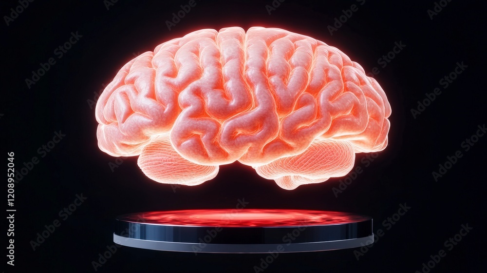 Poster futuristic 3d render of a human brain with glowing neural connections and base