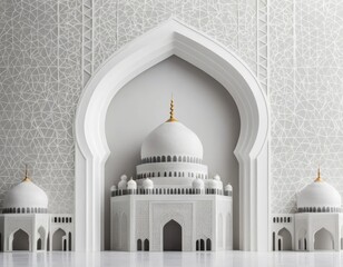 Fototapeta premium 3D Concept of a white mosque with intricate white domes and towers surrounded by a white environment. The concept for Eid Mubarak, Ramadhan, Moslem holiday