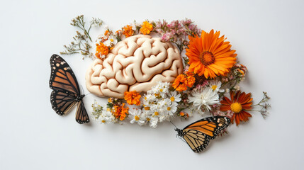 A brain with flowers and butterfly, Generative AI