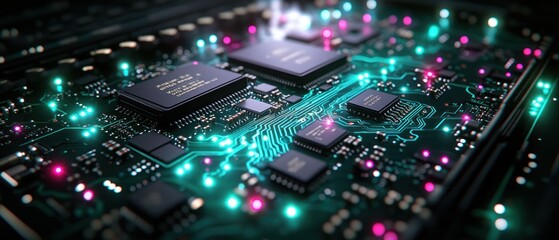 Obraz premium Closeup of vibrant circuit board with glowing components