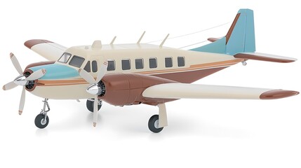 A small twin-prop airplane with a detailed view of its propellers and fuselage, set on a bright white background to highlight its classic design