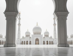 Fototapeta premium 3D Concept of a white mosque with intricate white domes and towers surrounded by a white environment. The concept for Eid Mubarak, Ramadhan, Moslem holiday