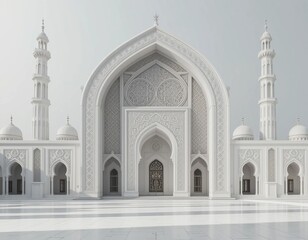 Fototapeta premium 3D Concept of a white mosque with intricate white domes and towers surrounded by a white environment. The concept for Eid Mubarak, Ramadhan, Moslem holiday