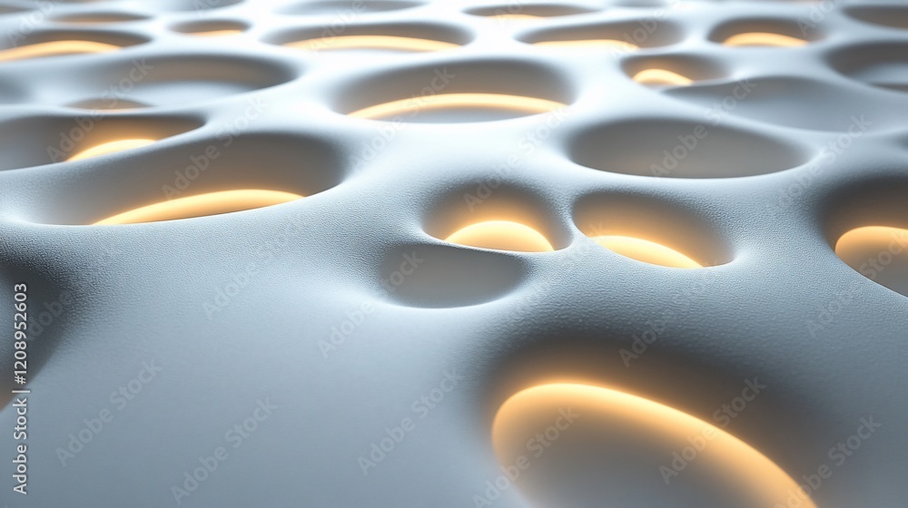 Poster Abstract 3D render of a white surface with glowing holes.