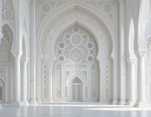 Obraz premium 3D Concept of a white mosque with intricate white domes and towers surrounded by a white environment. The concept for Eid Mubarak, Ramadhan, Moslem holiday