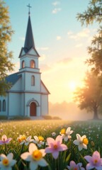 A peaceful sunrise over a church, with blooming flowers and Easter lilies in the foreground