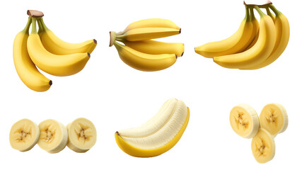  banana mockup with whole, sliced, and grouped bananas, multiple angles, transparent background