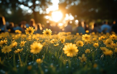 Sunset illuminating yellow flowers in a park with blurred people.